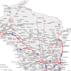 A map of wisconsin with roads and highways.