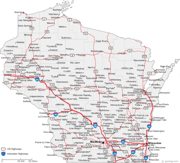 A map of wisconsin with roads and highways.