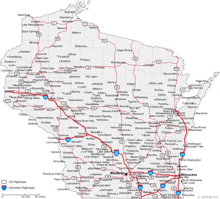 map of wisconsin cities with all the routes and white background