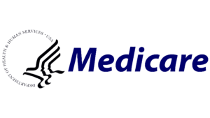 A medical logo with a person holding something up to it.